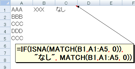 =IF(ISNA(MATCH(B1,A1:A5,0)),"Ȃ",MATCH(B1,A1:A5,0))