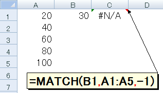 =MATCH(B1,A1:A5,-1)